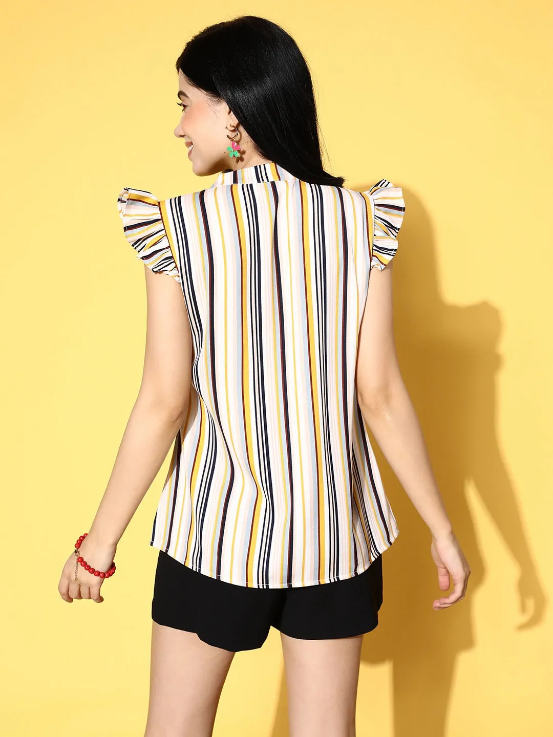 Berrylush Women Yellow, White, & Black Striped Print Mandarin Collar Neck Crepe Ruffled Regular Top