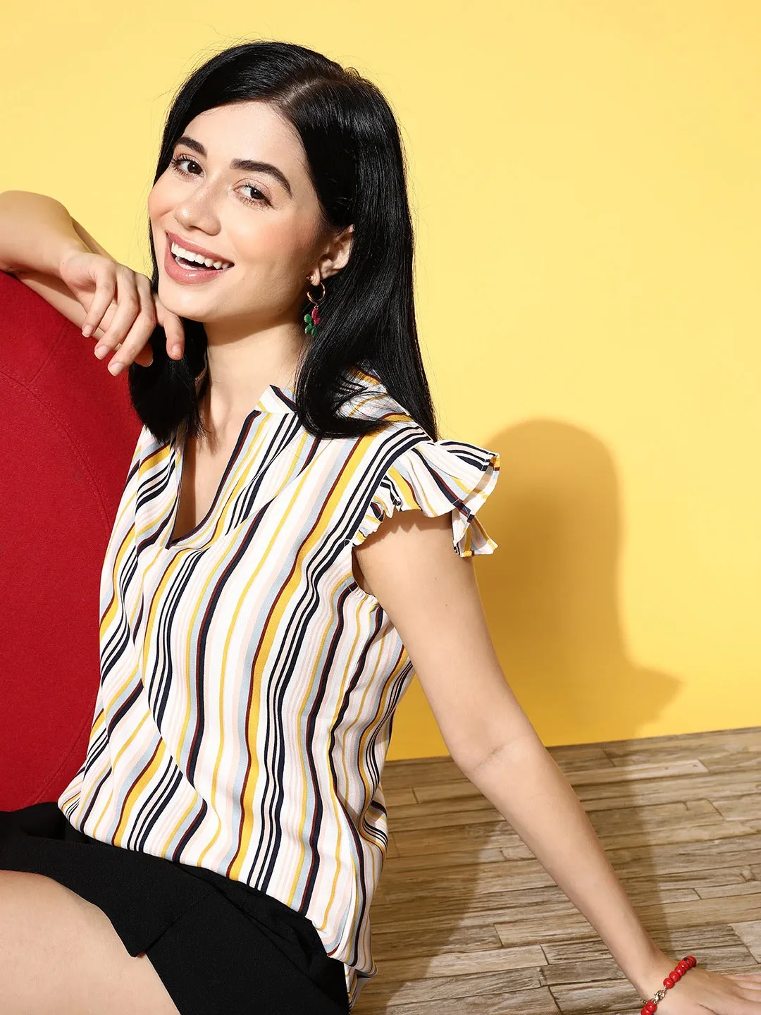 Berrylush Women Yellow, White, & Black Striped Print Mandarin Collar Neck Crepe Ruffled Regular Top