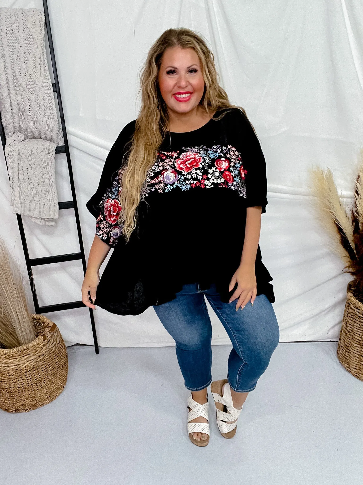 Floral Embroidered Poncho Tunic Top FINAL SALE