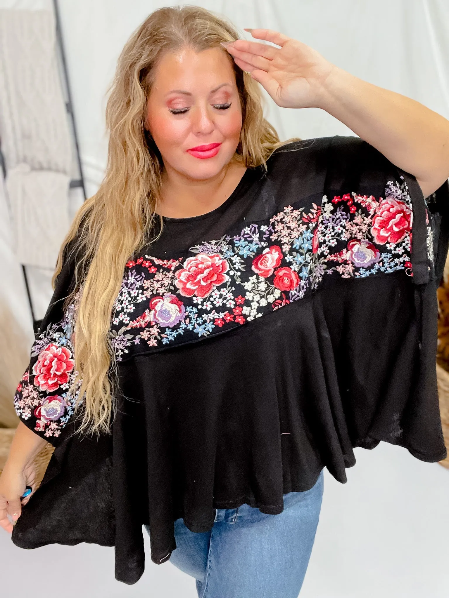 Floral Embroidered Poncho Tunic Top FINAL SALE