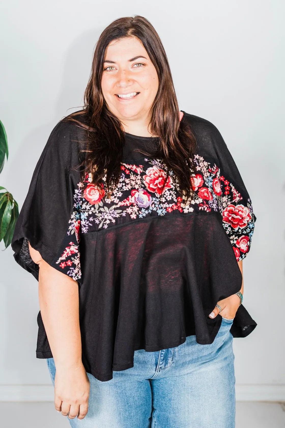 Floral Embroidered Poncho Tunic Top FINAL SALE