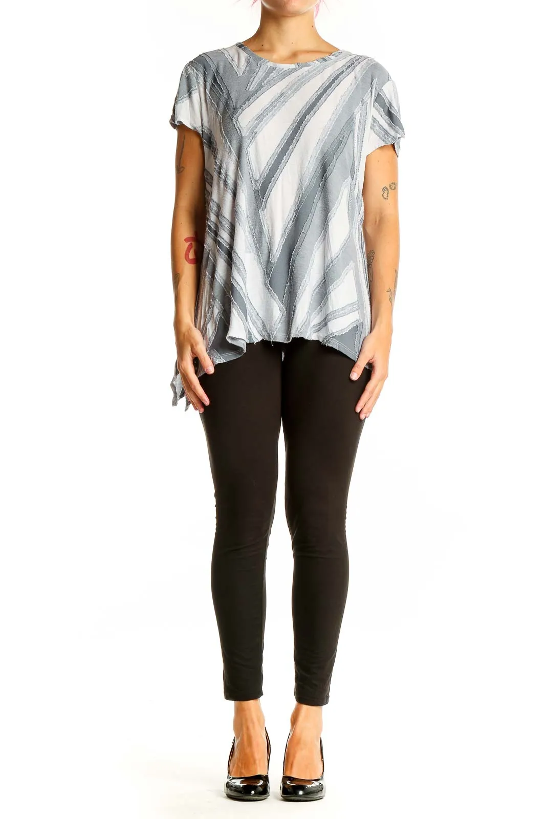 Gray and White Striped Flowy Top