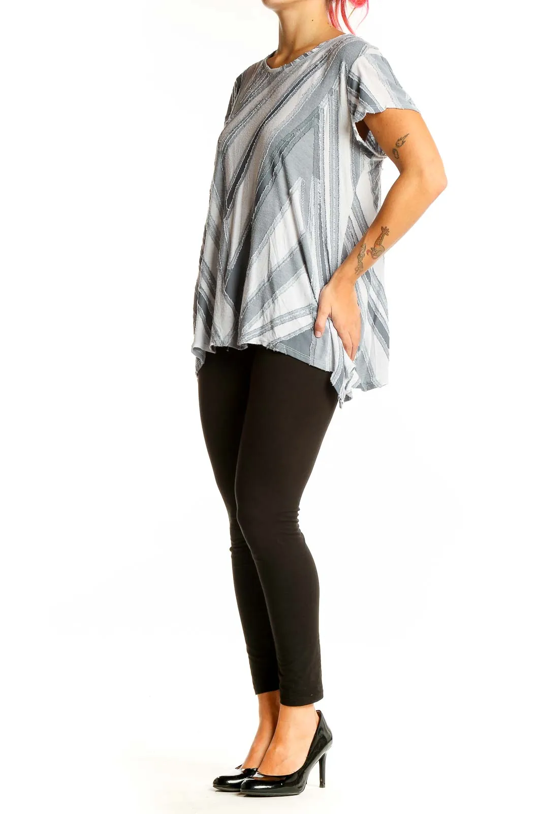 Gray and White Striped Flowy Top