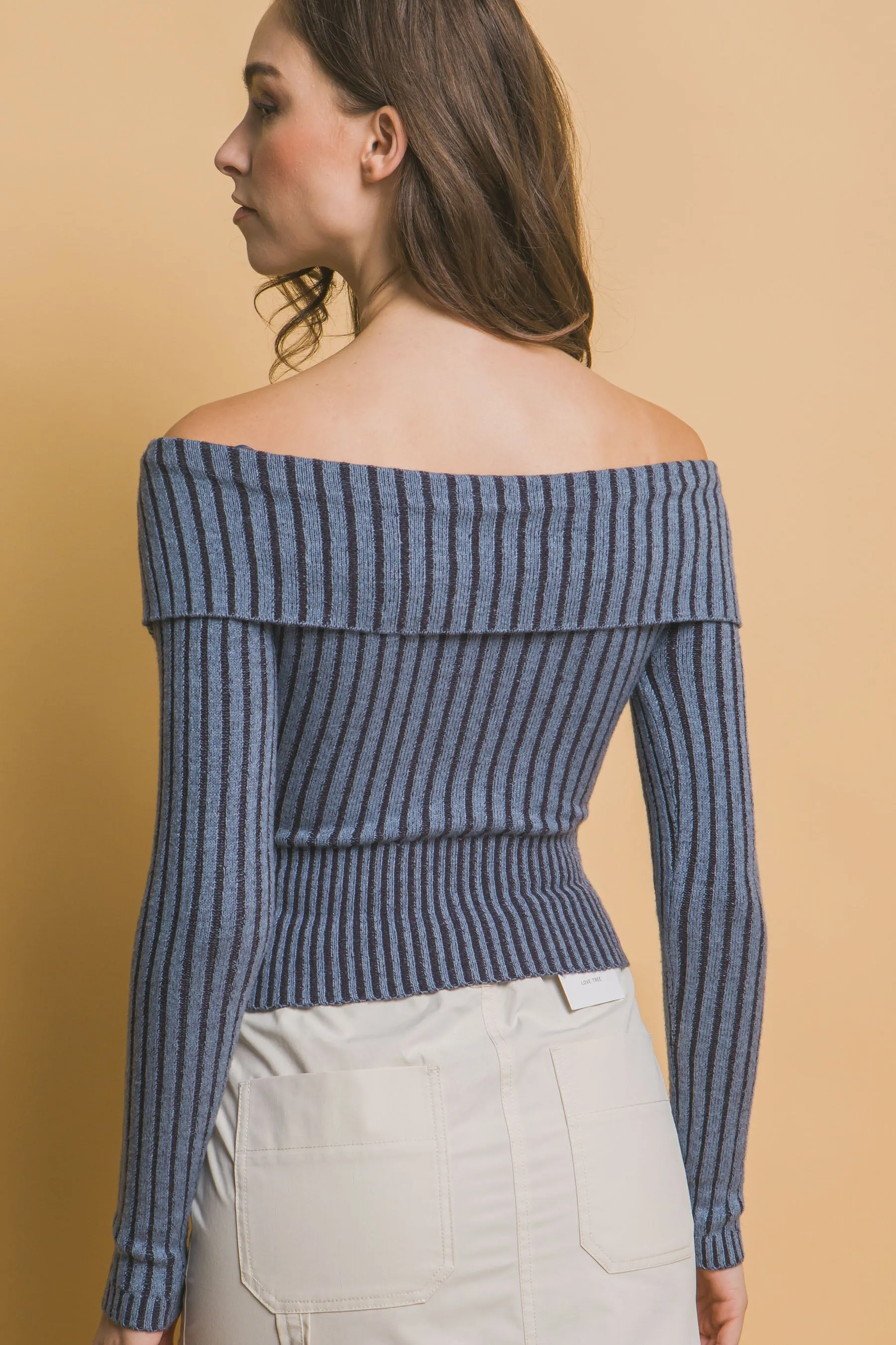 Hot Girl Bardot Contrast Ribbed Zippered Long Sleeve Top In Blue