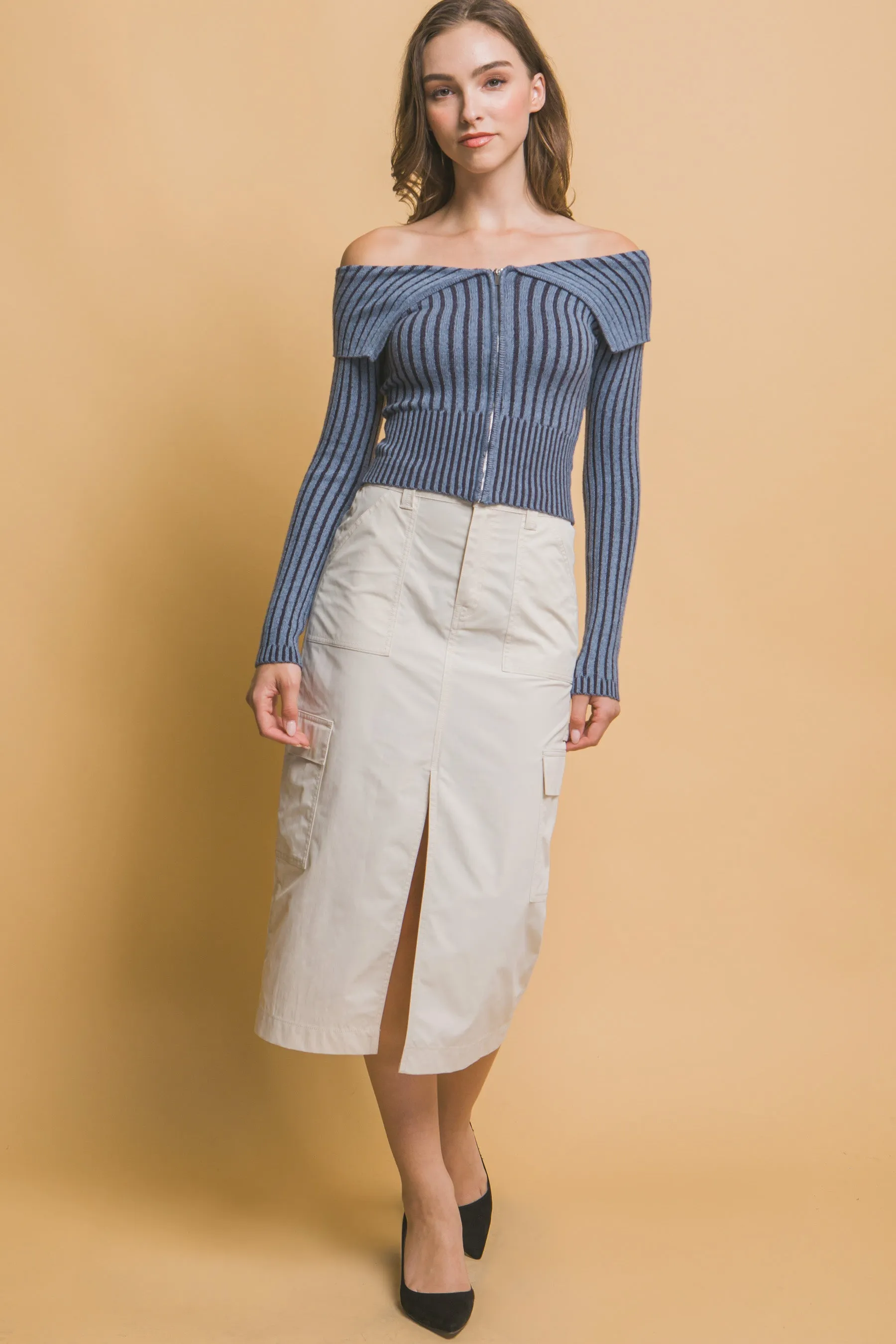 Hot Girl Bardot Contrast Ribbed Zippered Long Sleeve Top In Blue