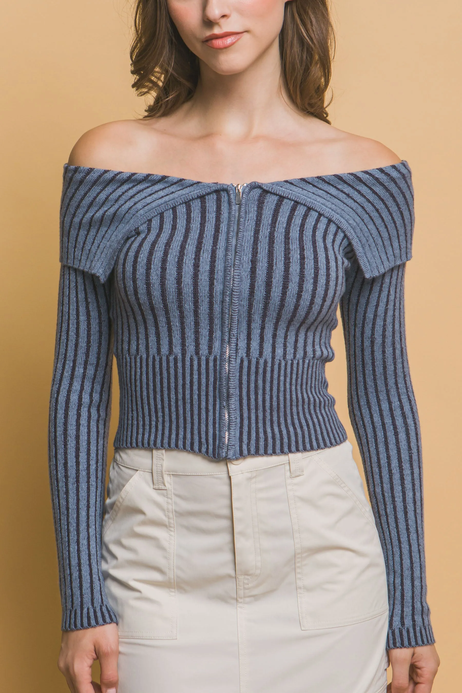 Hot Girl Bardot Contrast Ribbed Zippered Long Sleeve Top In Blue