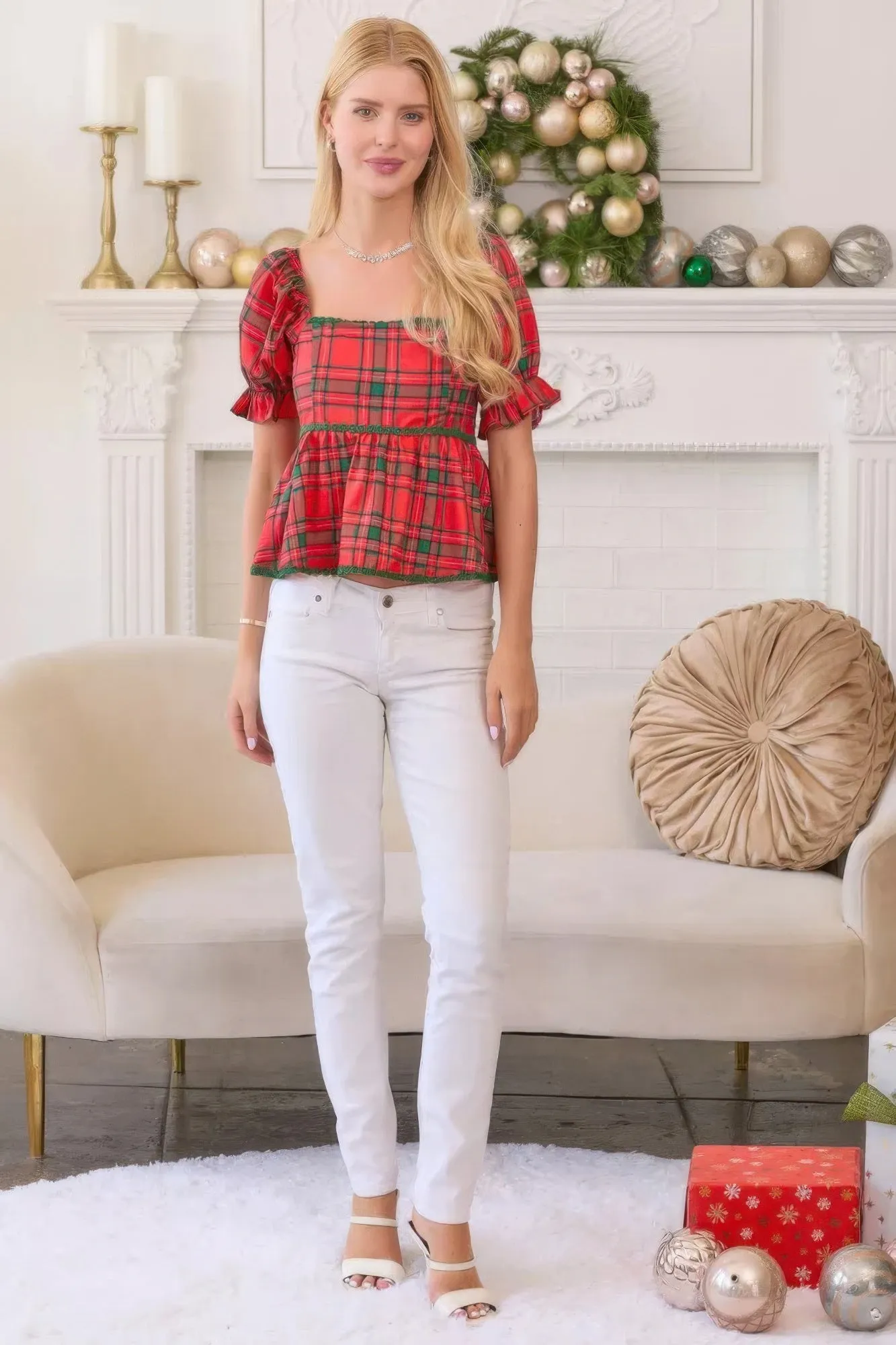 Hot Girl Christmas Plaid Baby Doll Puff Sleeve Top In Red