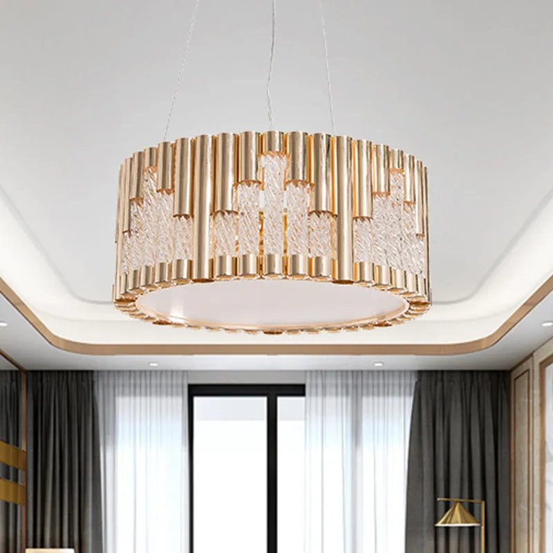 Modern 3-Light Gold Drum Pendant Chandelier for Living Room - Spiral Clear Glass Tube