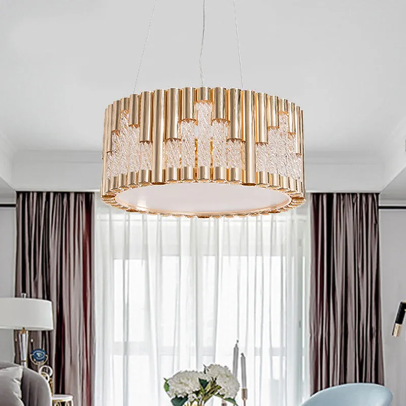 Modern 3-Light Gold Drum Pendant Chandelier for Living Room - Spiral Clear Glass Tube