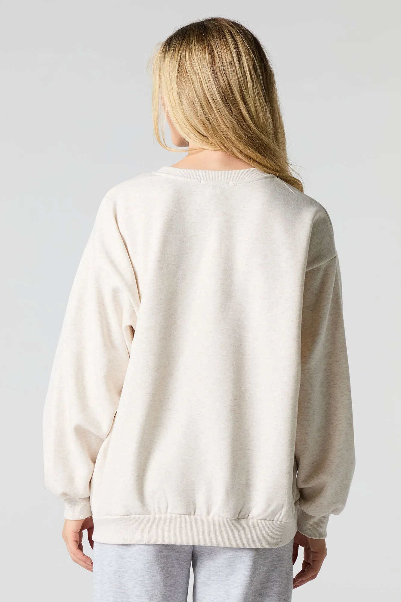 Oversized Cutesy Graphic Rhinestone Fleece Sweatshirt