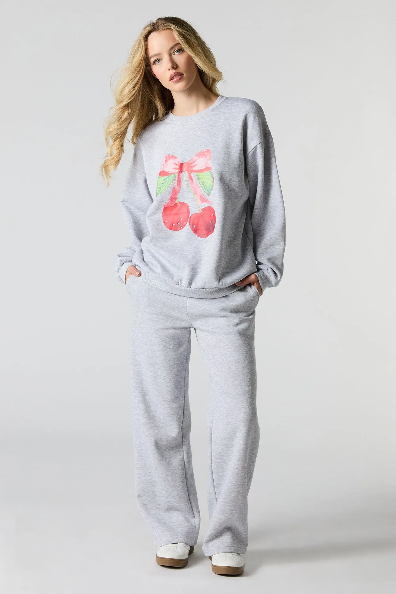 Oversized Cutesy Graphic Rhinestone Fleece Sweatshirt