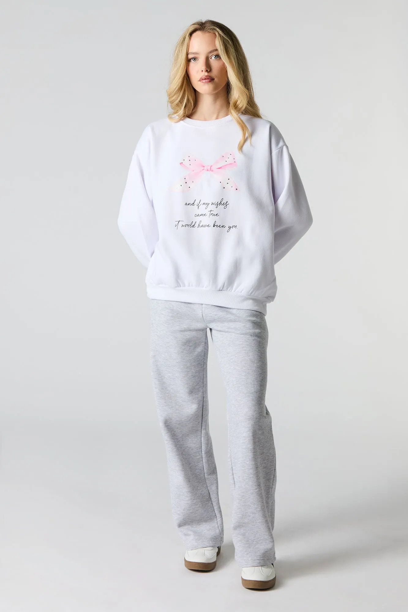 Oversized Cutesy Graphic Rhinestone Fleece Sweatshirt