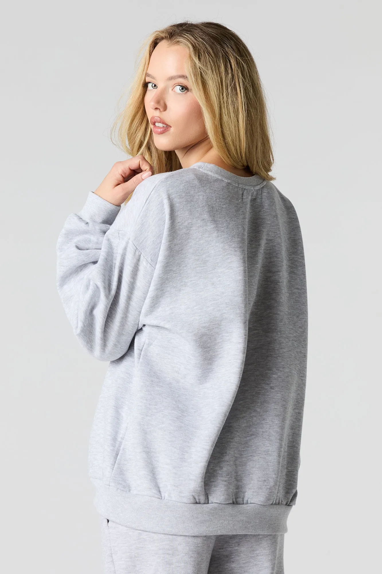 Oversized Cutesy Graphic Rhinestone Fleece Sweatshirt