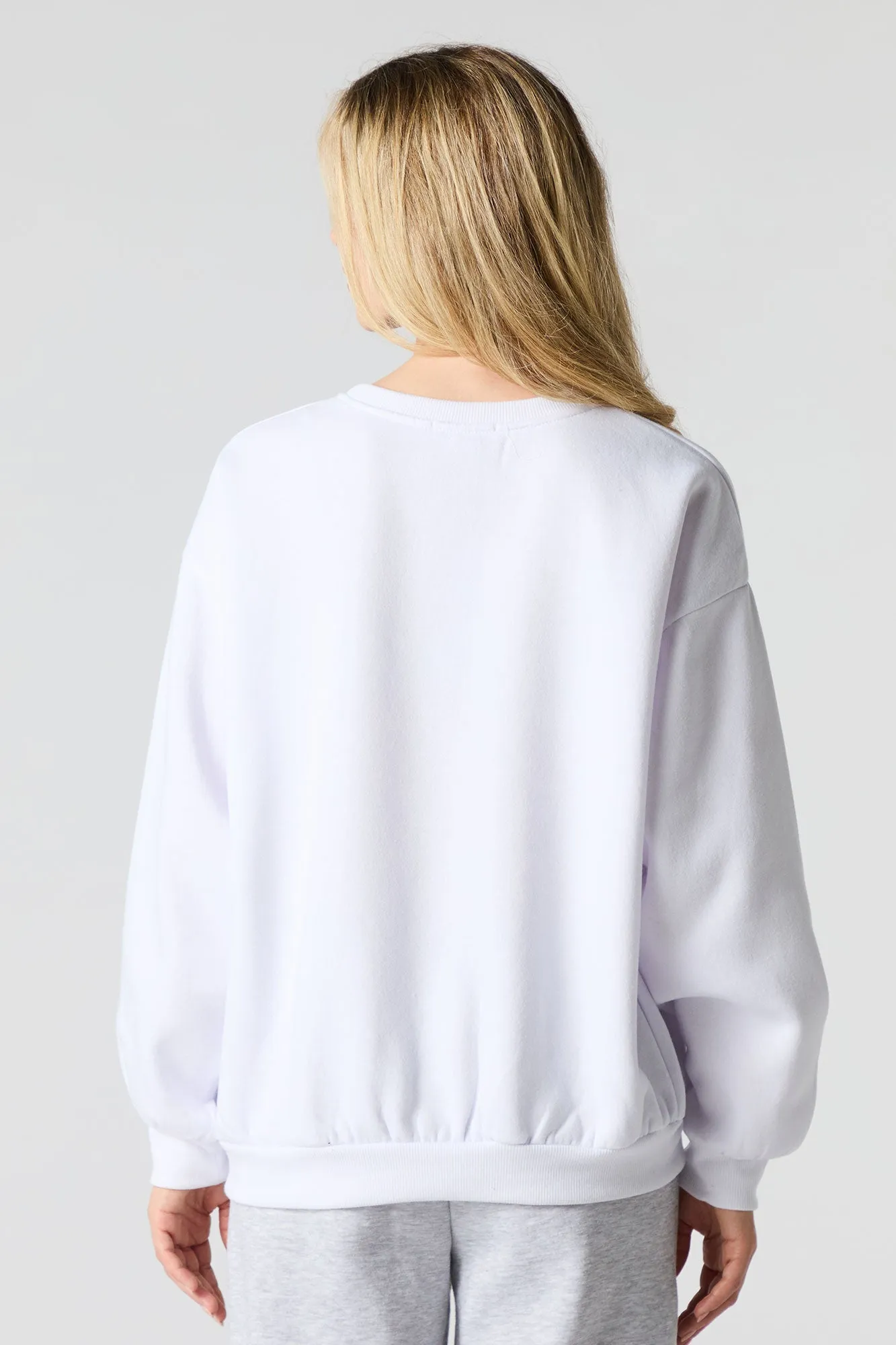 Oversized Cutesy Graphic Rhinestone Fleece Sweatshirt