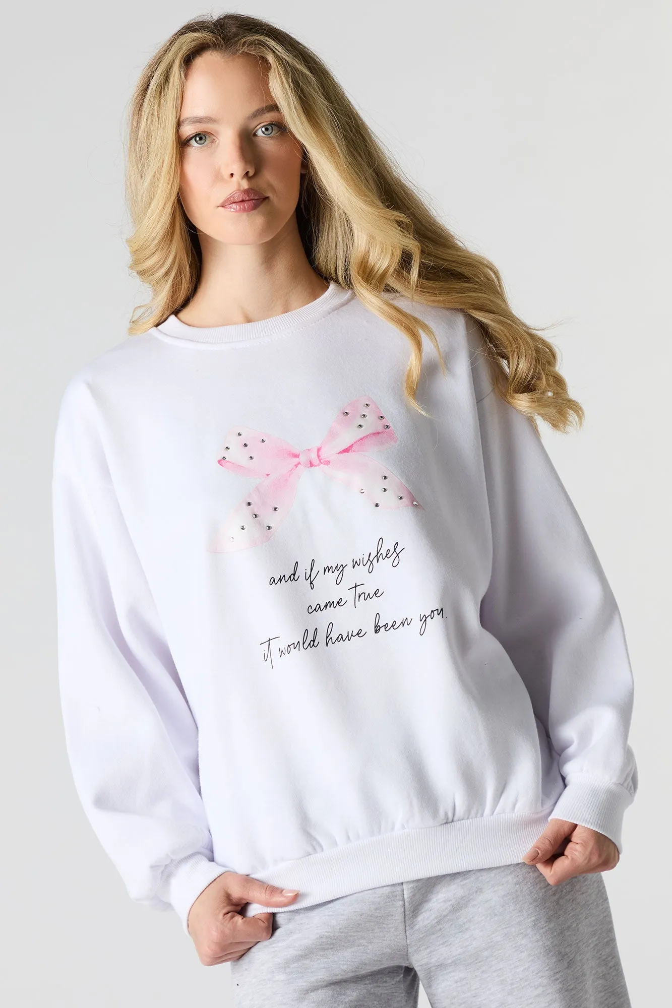 Oversized Cutesy Graphic Rhinestone Fleece Sweatshirt