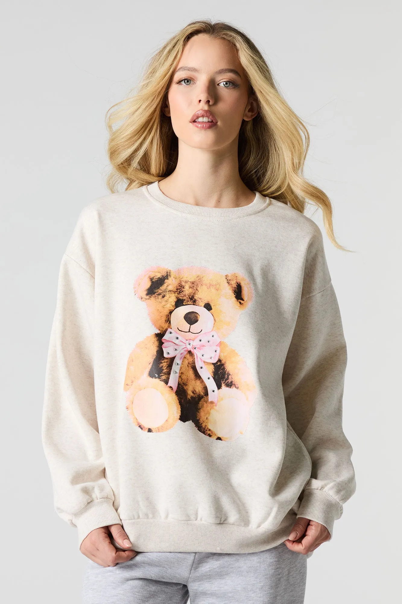 Oversized Cutesy Graphic Rhinestone Fleece Sweatshirt