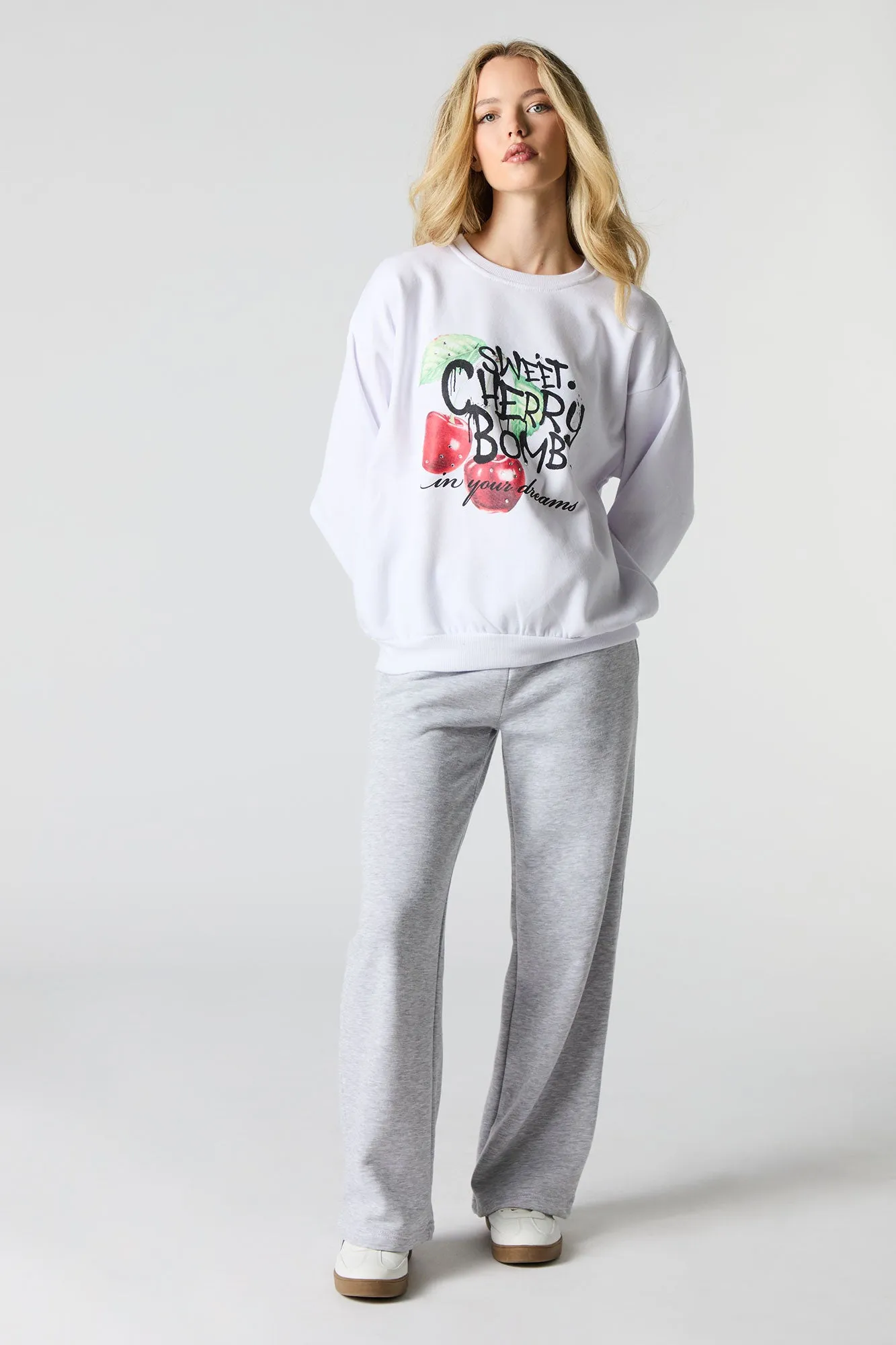 Oversized Cutesy Graphic Rhinestone Fleece Sweatshirt