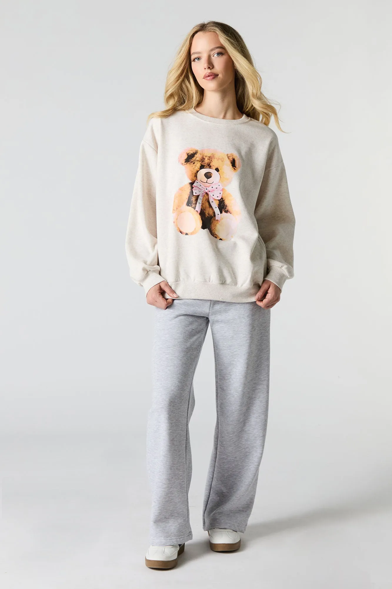 Oversized Cutesy Graphic Rhinestone Fleece Sweatshirt