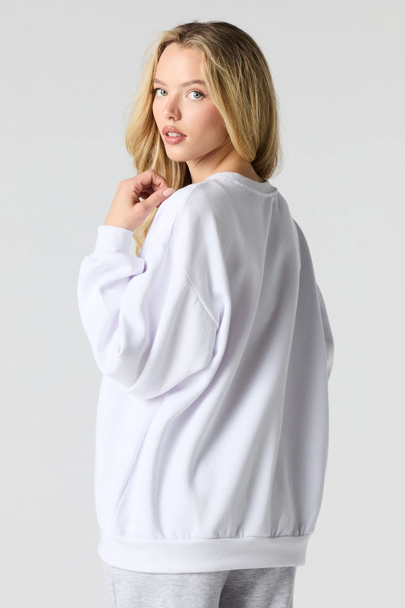Oversized Cutesy Graphic Rhinestone Fleece Sweatshirt