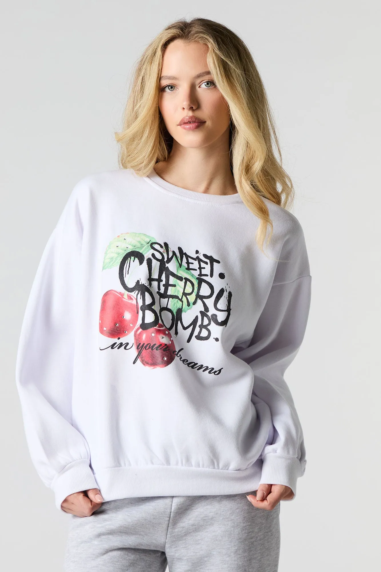 Oversized Cutesy Graphic Rhinestone Fleece Sweatshirt