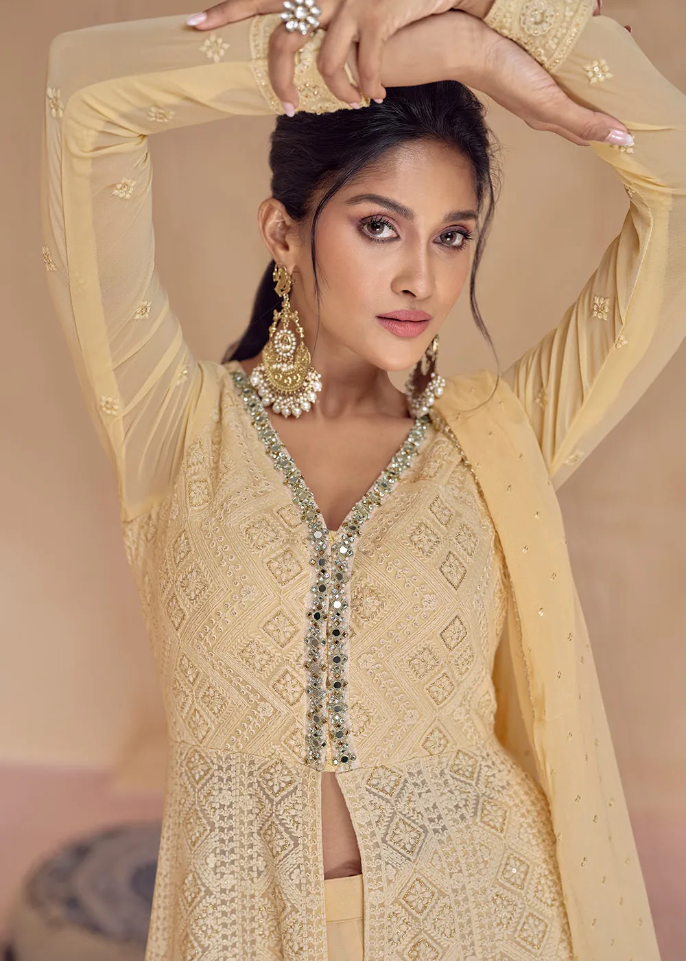 Palazzo Style Fawn Yellow Lucknowi Embroidered Anarkali Suit