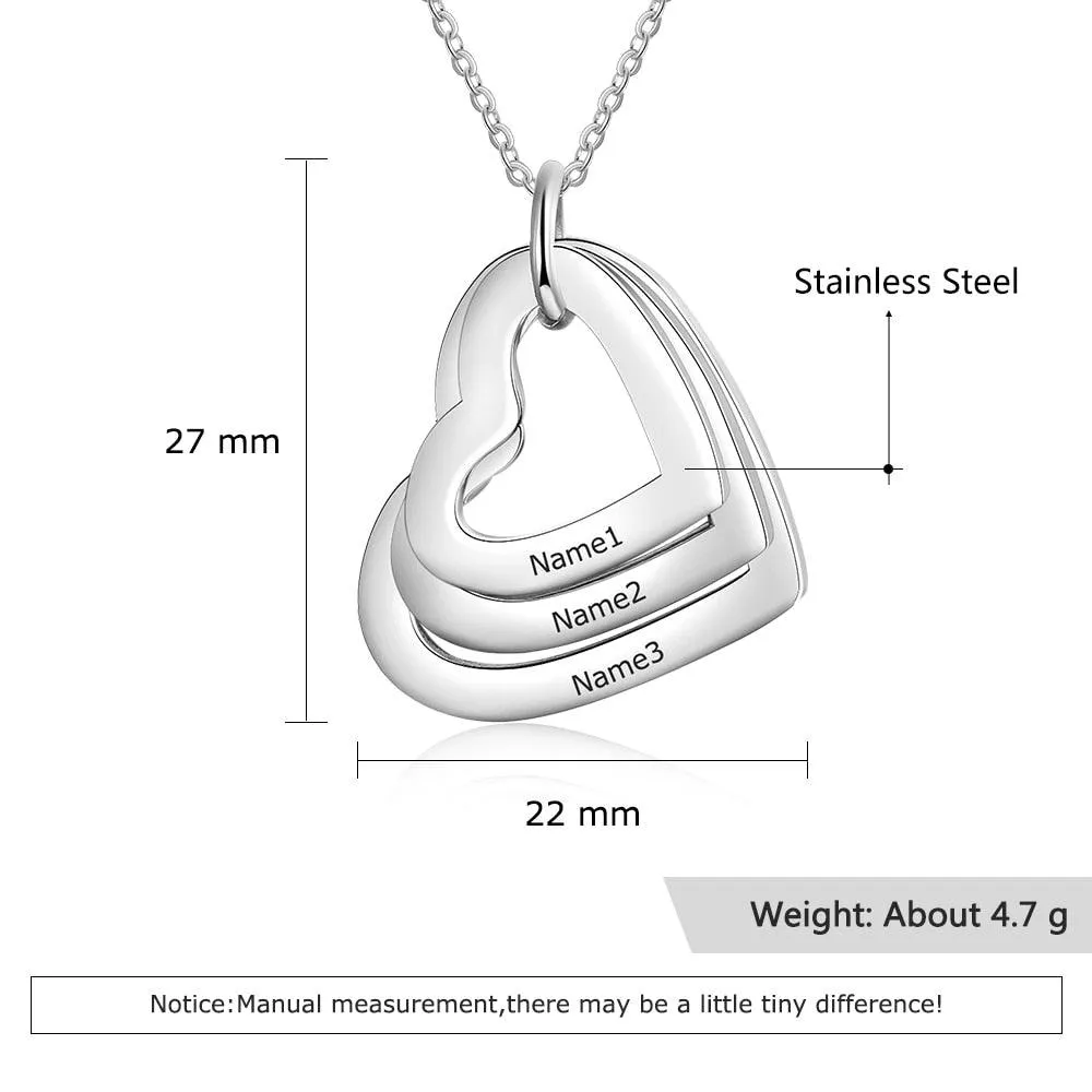 Personalized Stainless Steel Triple Heart 3 Names Engraved Necklace, Fashion Jewelry Gift for Women