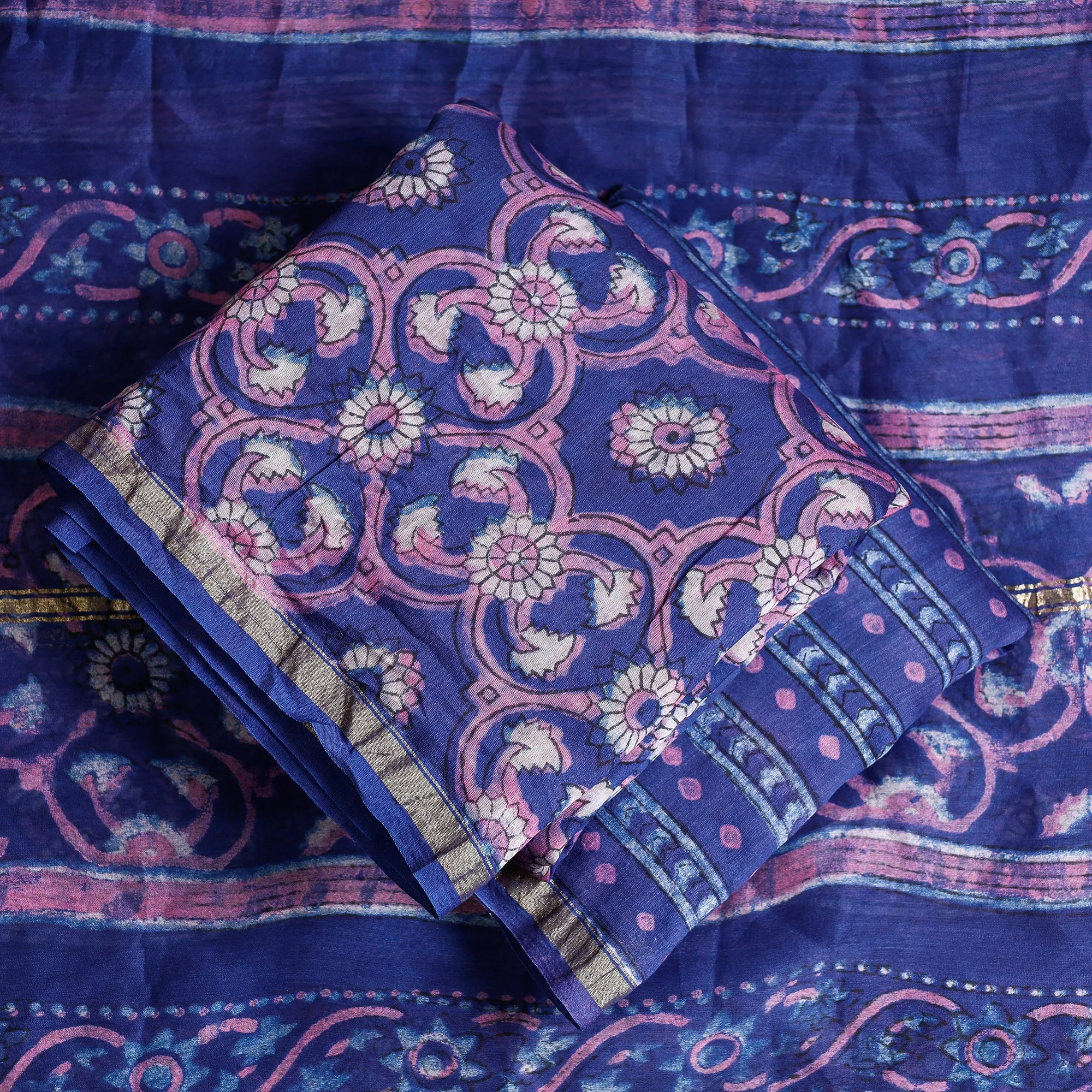 Purple - 3pc Akola Block Printed Chanderi Silk Suit Material Set