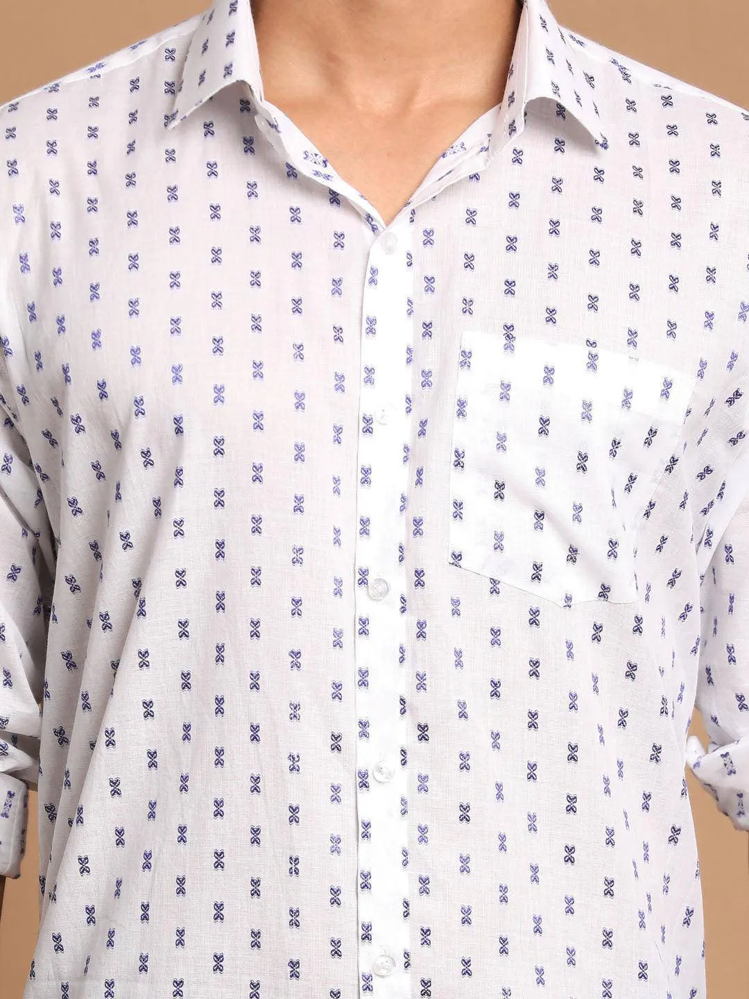 VASTRAMAY Blue & White Woven Cotton Shirt